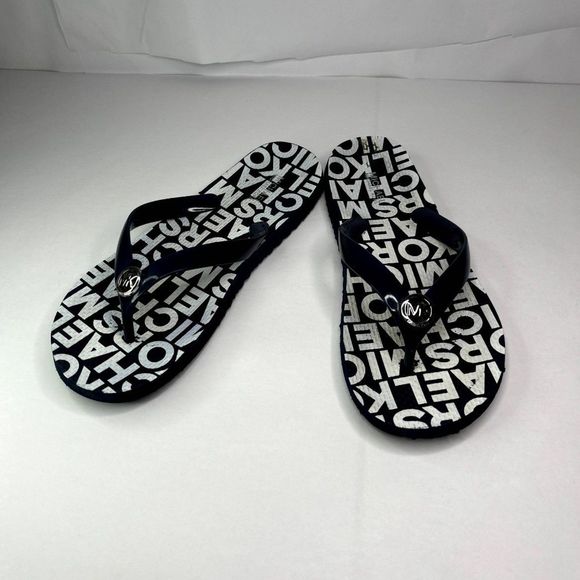 Michael Kors Monogram Logo Navy Blue White Flipflops Sandals Womens - Picture 3 of 8
